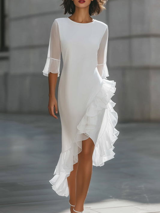 Asymmetric Ruffle Hem Sheer Sleeve Midi Dress