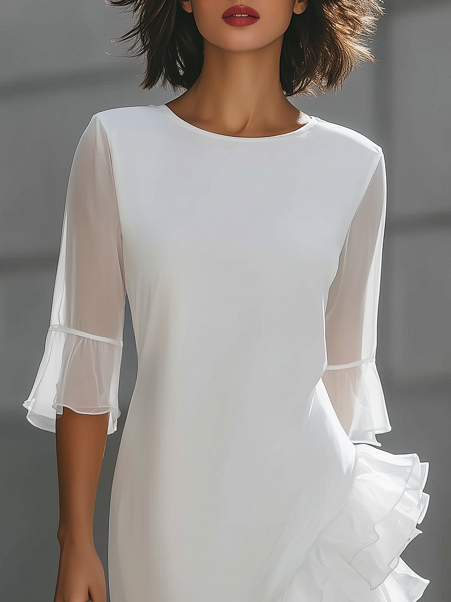 Asymmetric Ruffle Hem Sheer Sleeve Midi Dress
