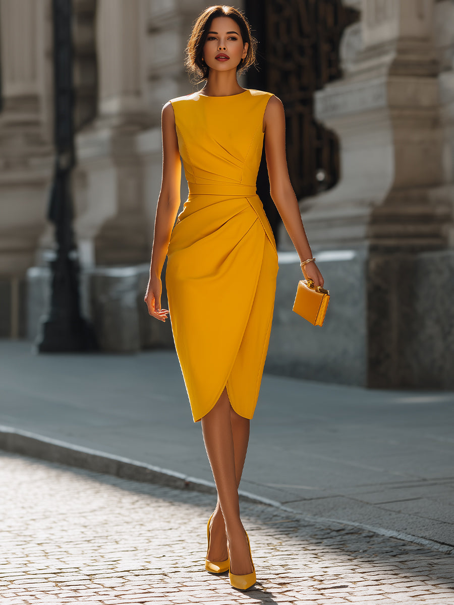 Sleeveless Draped Waist Wrap Midi Dress