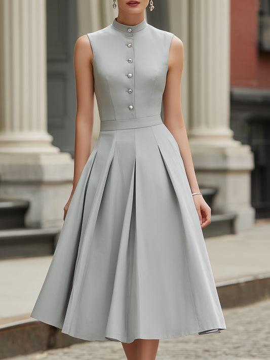 High Neck Button Front Pleated A-Line Midi Dress