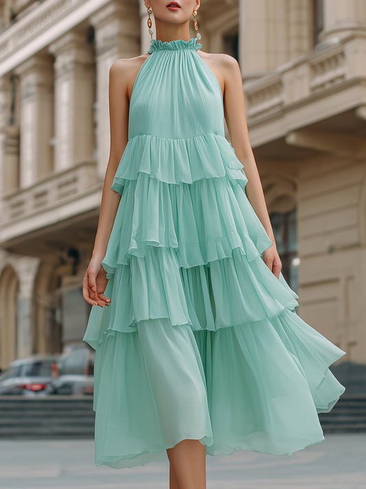 Halter Neck Tiered Ruffle Flowing Midi Dress