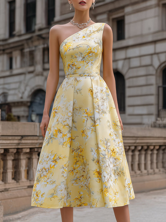 One-Shoulder Floral Print A-Line Midi Dress