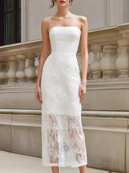 Spaghetti Strap Lace Overlay Bodycon Midi Dress