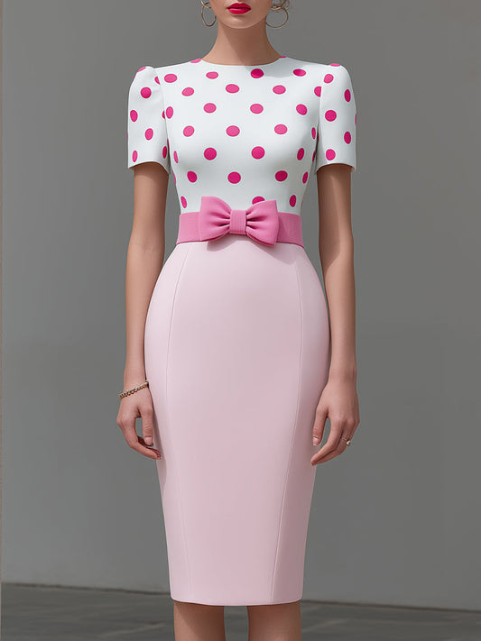 Polka Dot Bow Waist Tailored Midi Sheath Dress