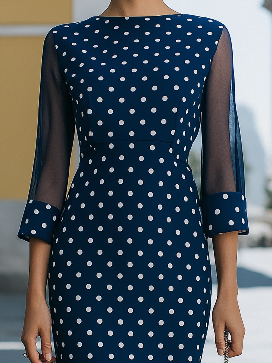 Elegant Navy Blue White Polka Dot Mesh Sleeve Bodycon Midi Dress
