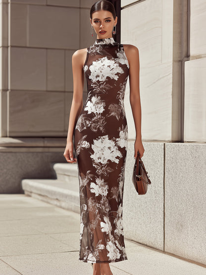 Elegant Brown White Ink Floral Print Mesh Sleeveless Maxi Dress
