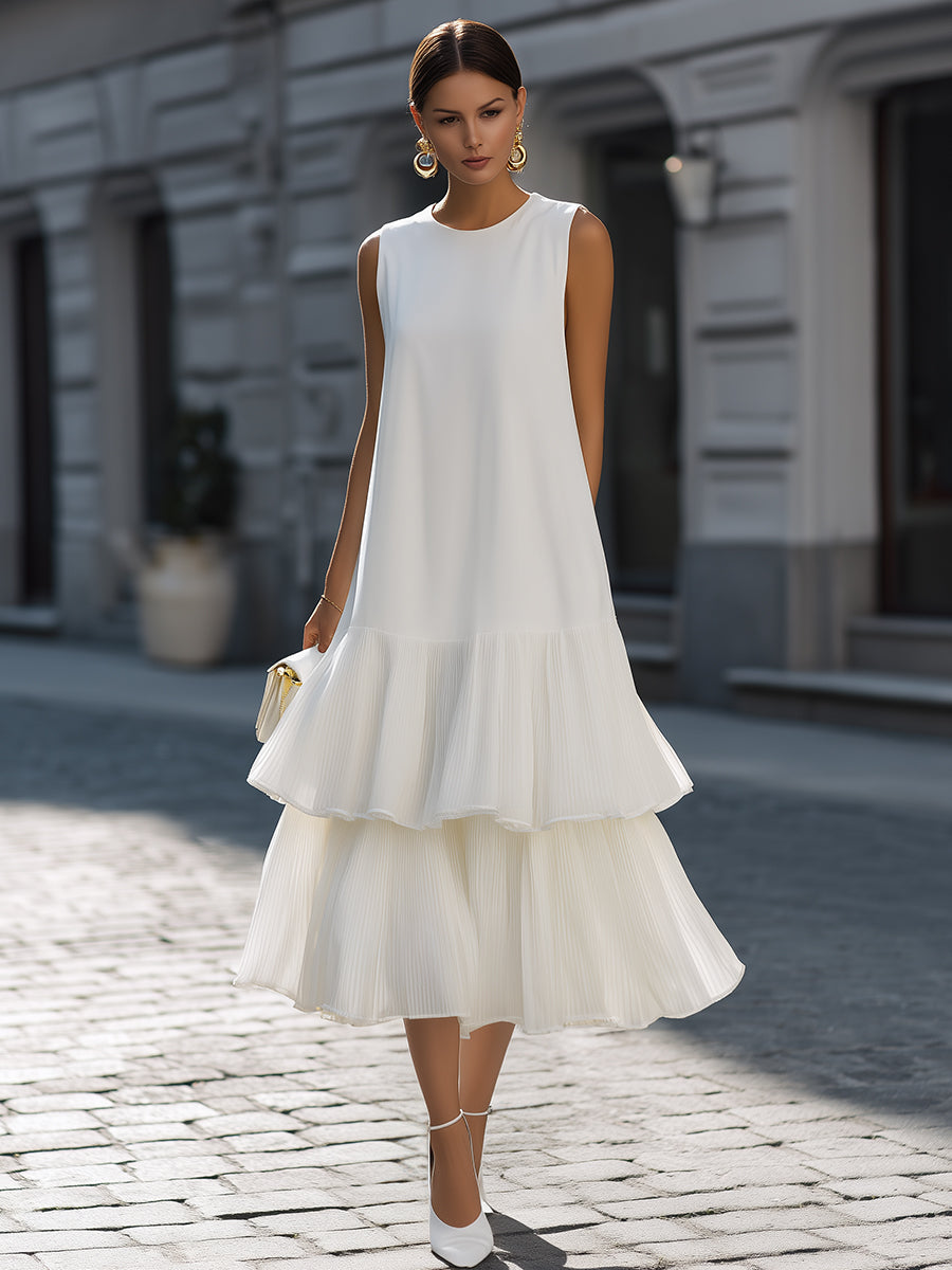 Sleeveless Crew Neck Structured A-Line Midi Dress