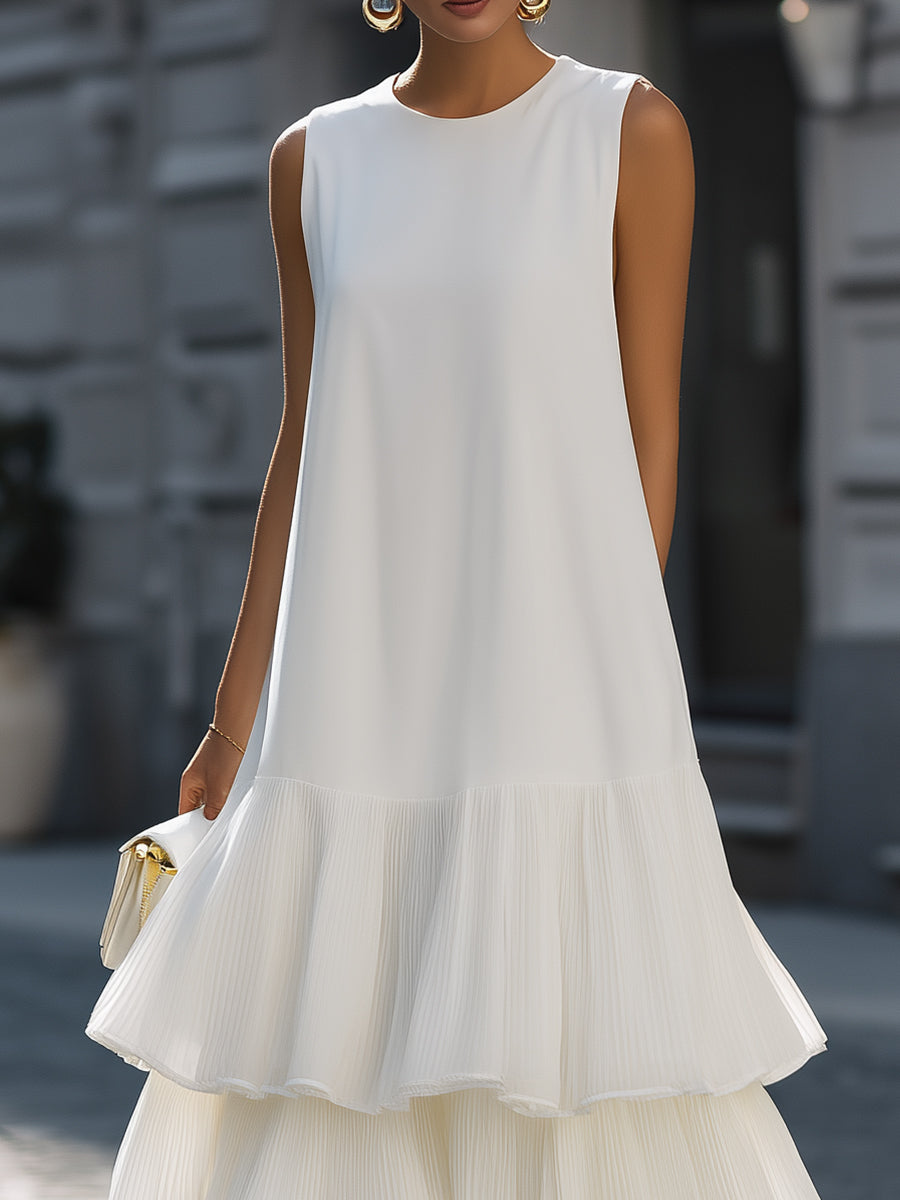 Sleeveless Crew Neck Structured A-Line Midi Dress
