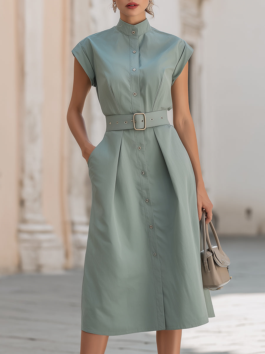 Elegant Stand Collar Belted Button-Down Midi Shirt Dress