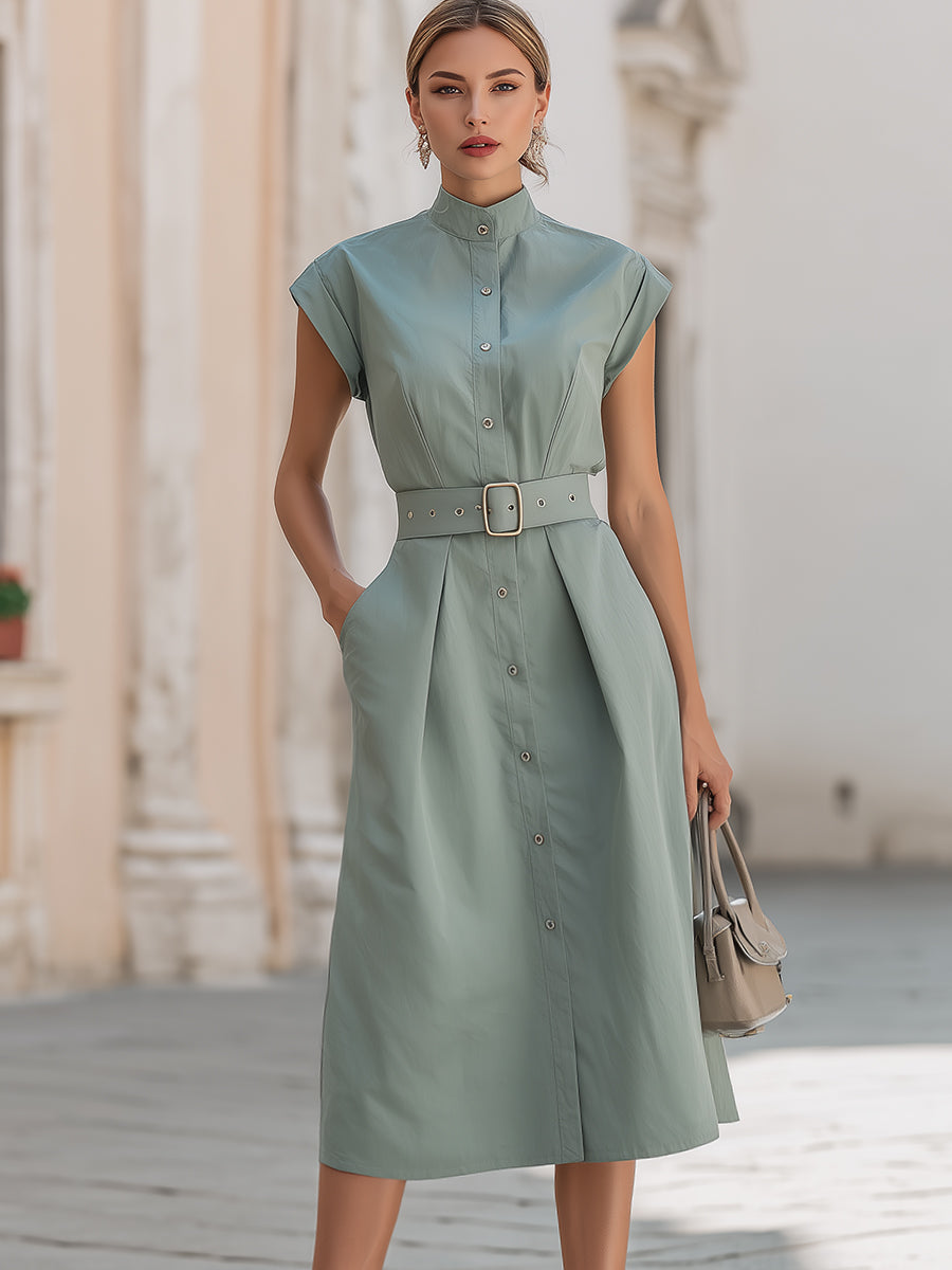 Elegant Stand Collar Belted Button-Down Midi Shirt Dress