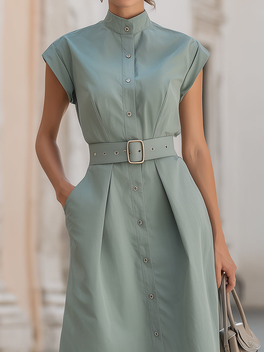 Elegant Stand Collar Belted Button-Down Midi Shirt Dress