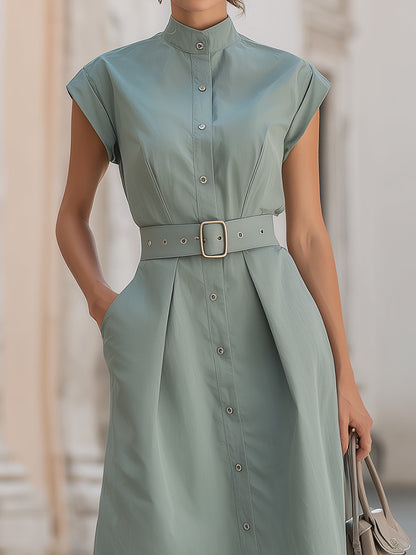 Elegant Stand Collar Belted Button-Down Midi Shirt Dress