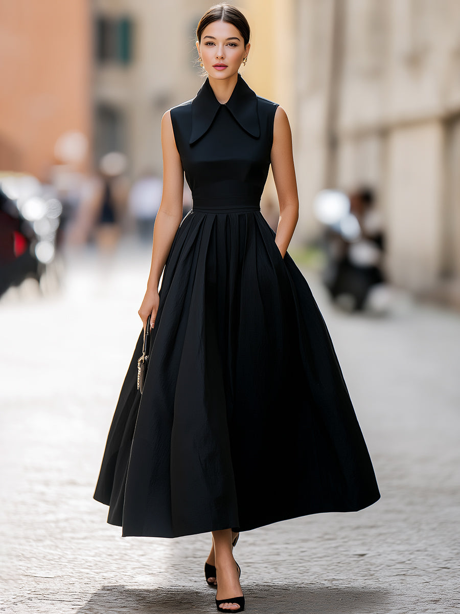 Structured Collar Sleeveless Pleated Midi Dress