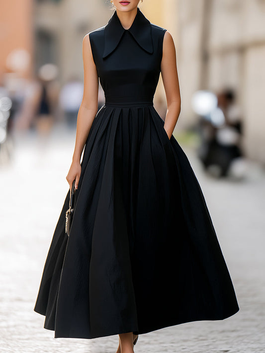 Structured Collar Sleeveless Pleated Midi Dress