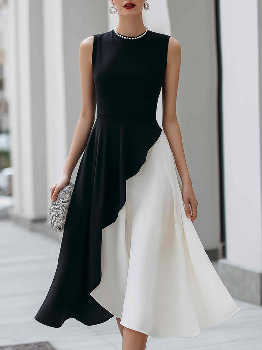 Elegant Colorblock Pearl Neck Sleeveless Asymmetrical Flare Midi Dress