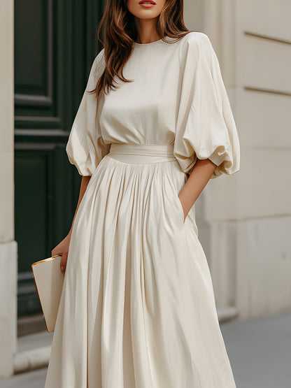 Round Neck Puff Sleeve Gathered Waist Maxi Dress