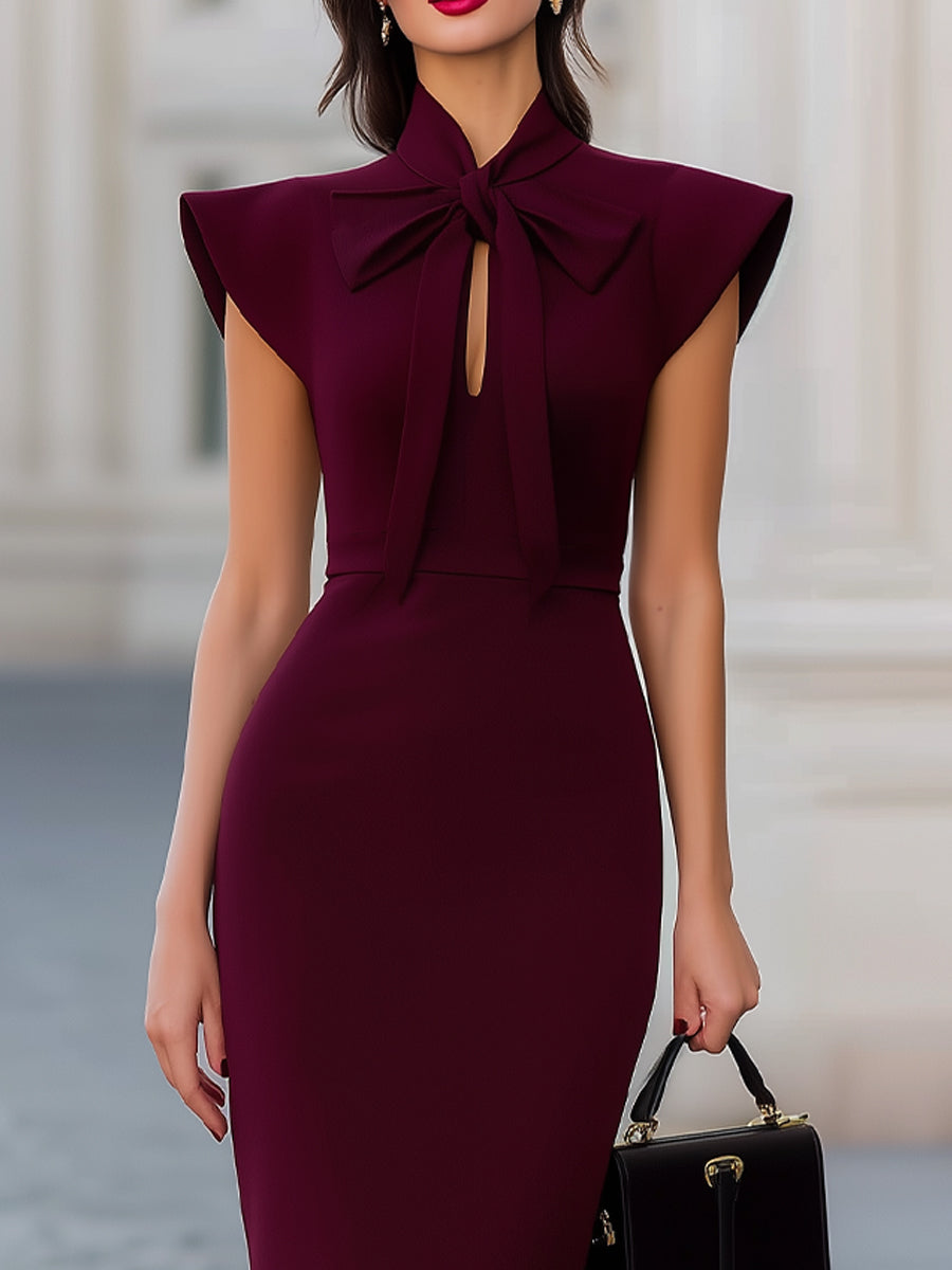Burgundy Ruffle Shoulder Bow Tie Neck Bodycon Midi Dress