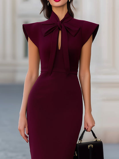 Burgundy Ruffle Shoulder Bow Tie Neck Bodycon Midi Dress