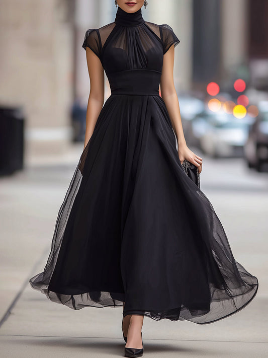 Sheer Panel High-Neck Pleated A-Line Midi Dress