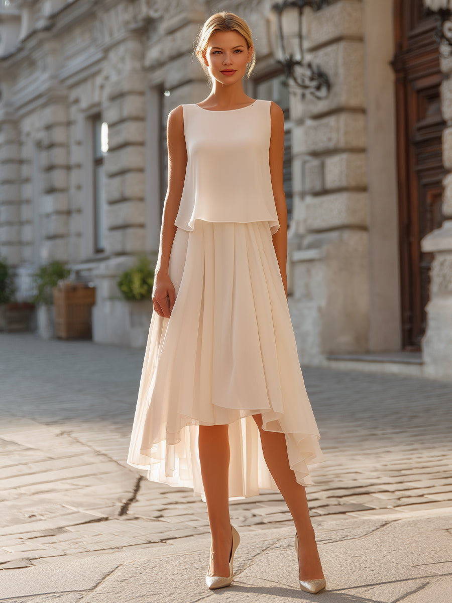 Layered Overlay Asymmetric Hem Sleeveless Midi Dress
