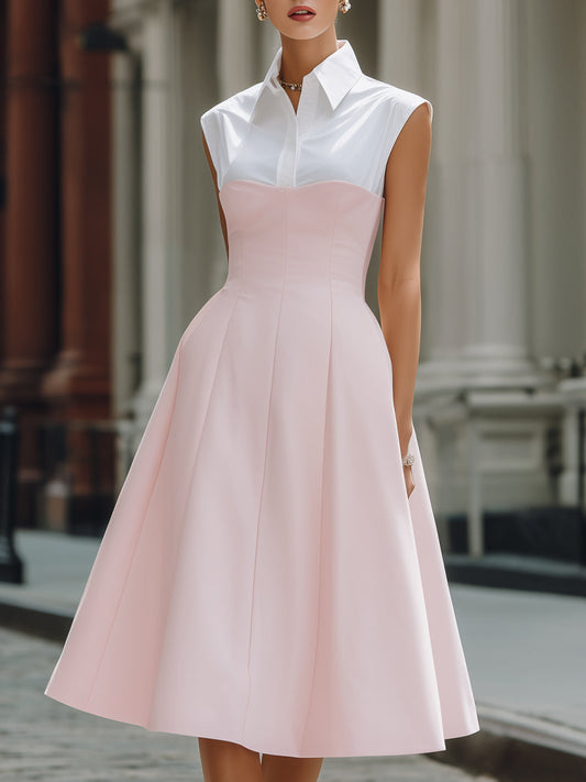 Structured Shirt-Collar Contrast Panel A-Line Midi Dress