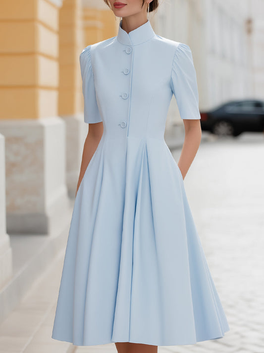 Stand Collar Button-Front Pleated A-Line Midi Dress