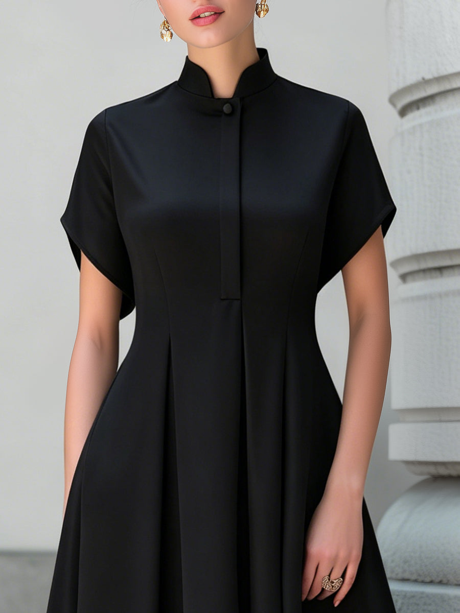 Stand Collar Pleated A-Line Maxi Dress