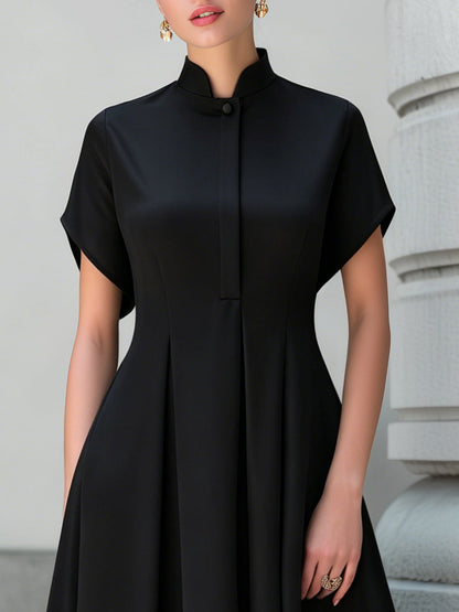 Stand Collar Pleated A-Line Maxi Dress