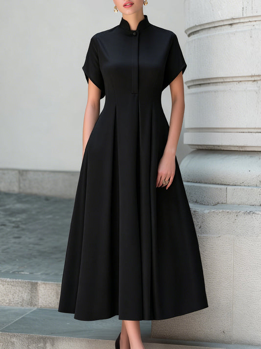 Stand Collar Pleated A-Line Maxi Dress
