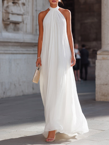 Pleated Halter Neck Flowing Maxi Dress