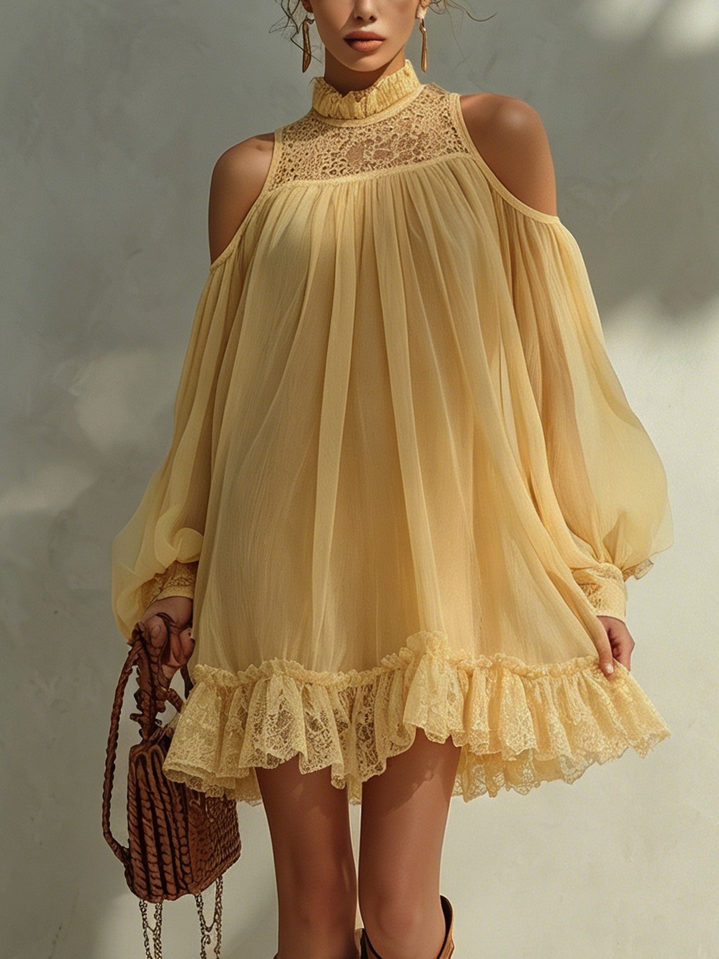 Lemon Chiffon  Mini Dress With Lace Hem