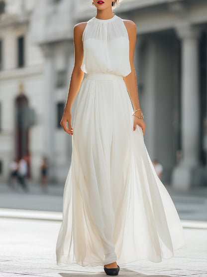 Pleated Halter Neck Maxi Dress with Flowing Skirt
