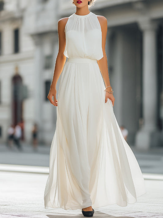 Pleated Halter Neck Maxi Dress with Flowing Skirt