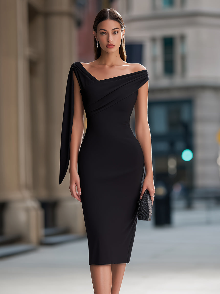 Asymmetric One-Shoulder Draped Midi Dress With Statement Sleeve