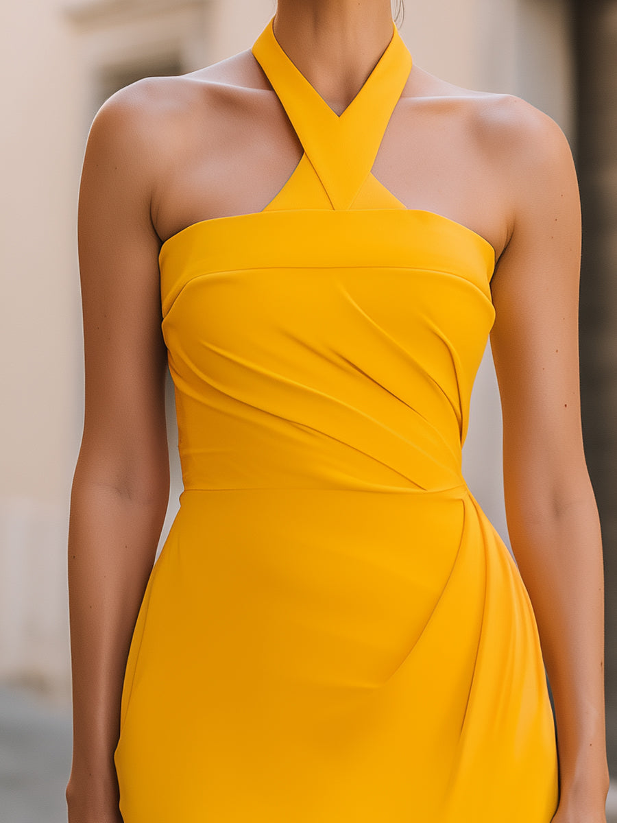 Halter Neck Cross-Strap Ruched Waist Pencil Midi Dress