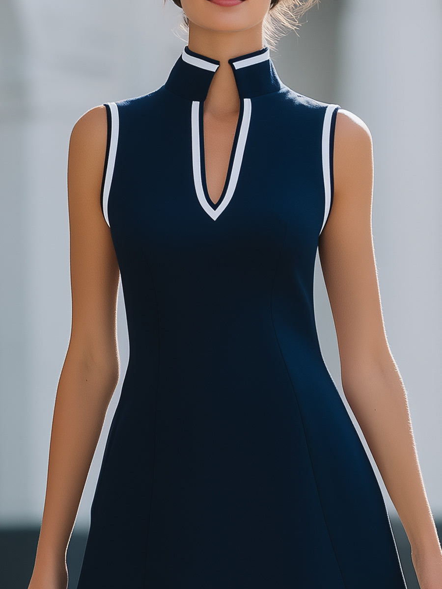 Mandarin-Collar White-Trim Sleeveless A-Line Mini Dress