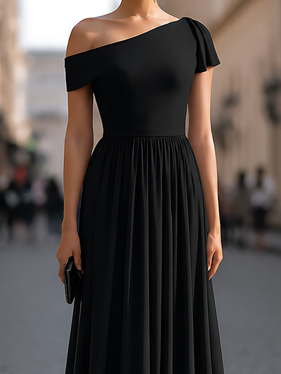 Structured One-Shoulder Pleated Waist Maxi Dress