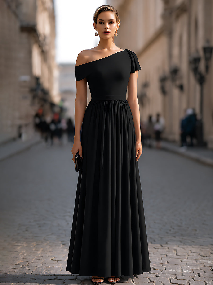Structured One-Shoulder Pleated Waist Maxi Dress