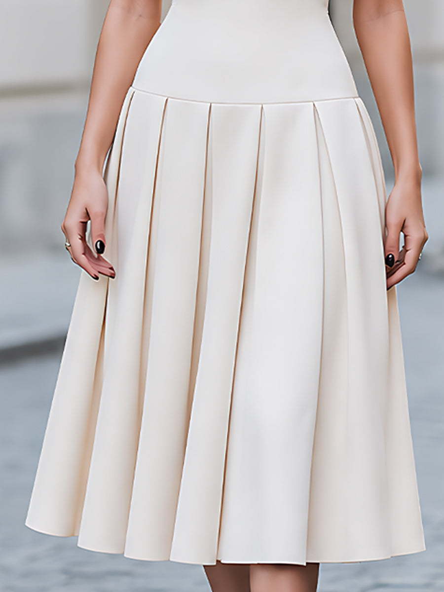 Structured Halter Neck Layered Bodice Pleated Midi Dress