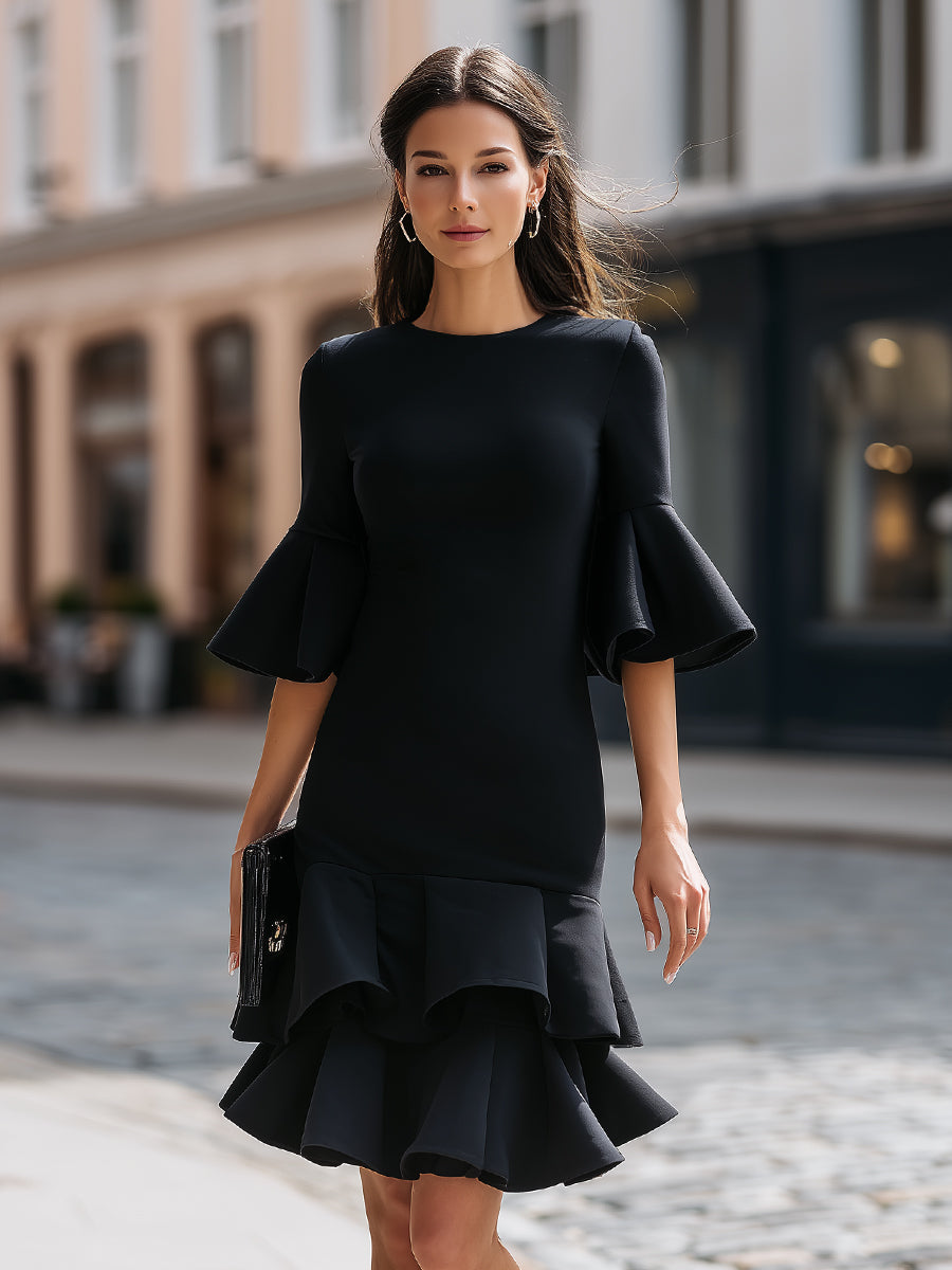 Structured Bell Sleeve Tiered Ruffle Hem Midi Dress