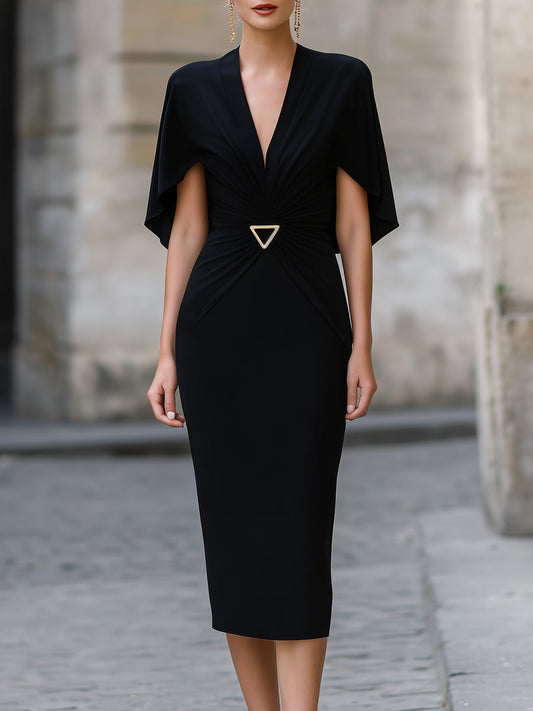 Draped Cape Sleeve Waist-Accent Midi Dress