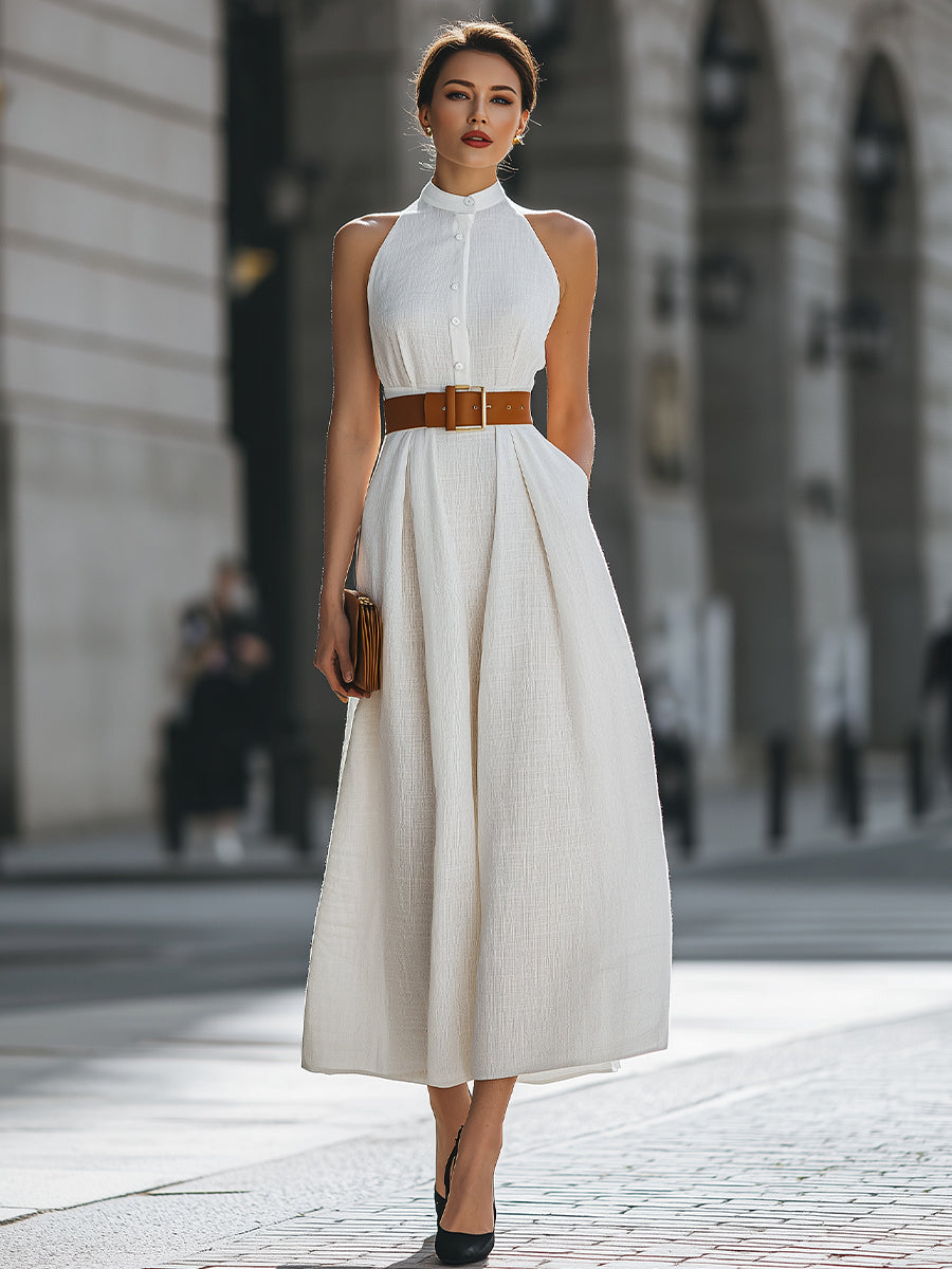 Premium 100% Linen Belted Halter Maxi Dress
