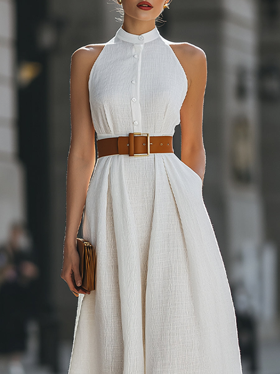 Premium 100% Linen Belted Halter Maxi Dress