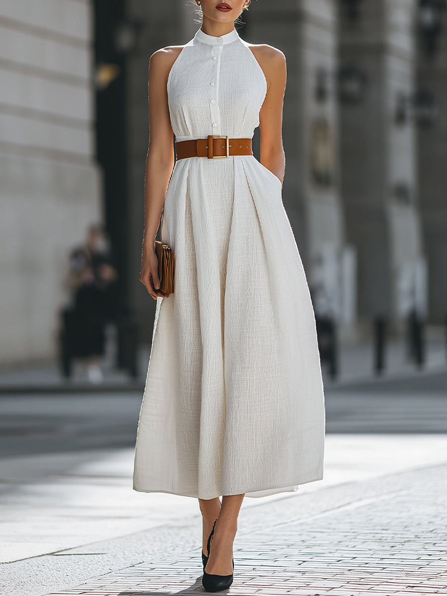 Premium 100% Linen Belted Halter Maxi Dress