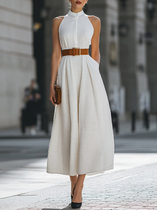 Premium 100% Linen Belted Halter Maxi Dress