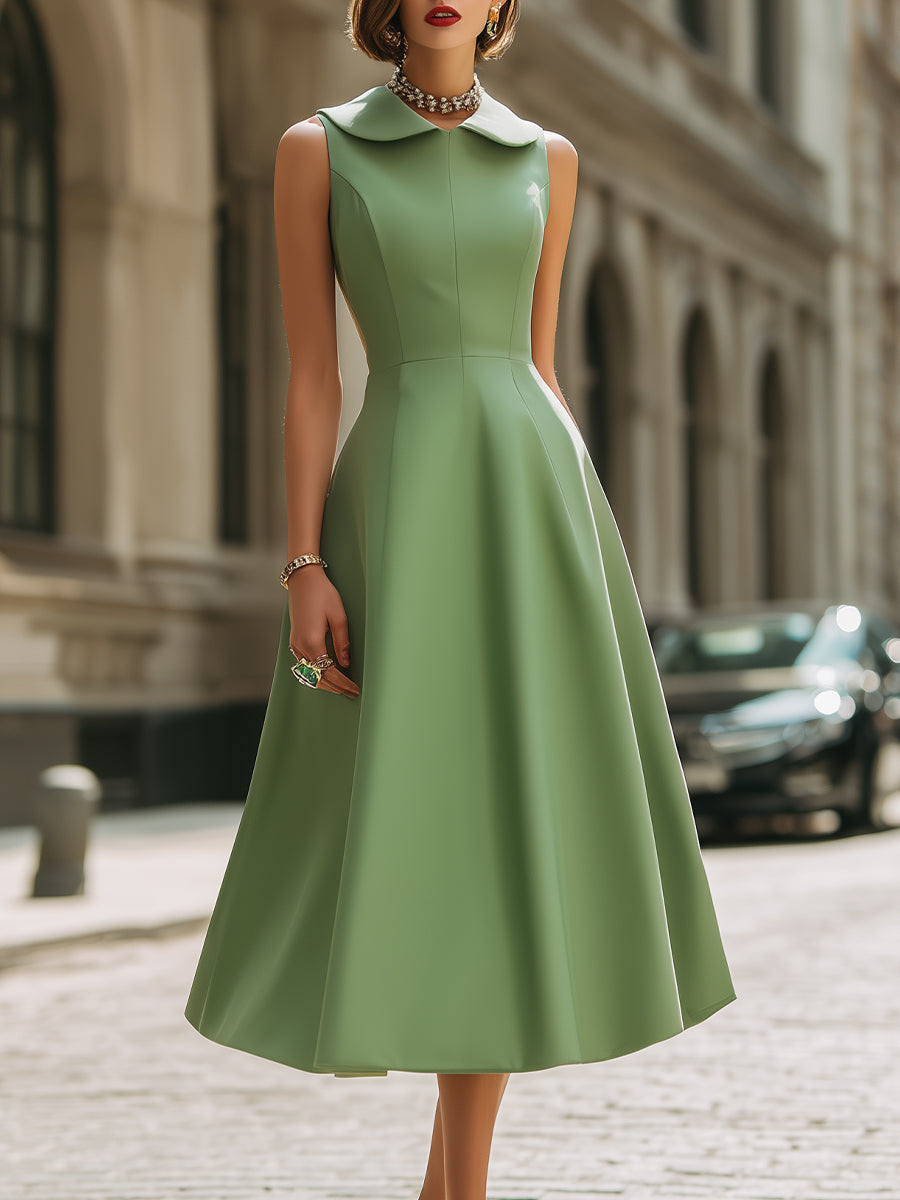 Elegant Sleeveless Peter Pan Collar A-Line Midi Dress