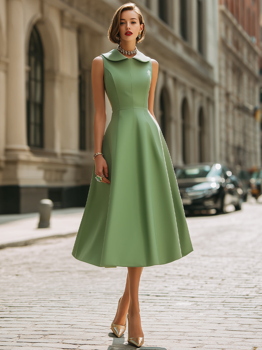 Elegant Sleeveless Peter Pan Collar A-Line Midi Dress
