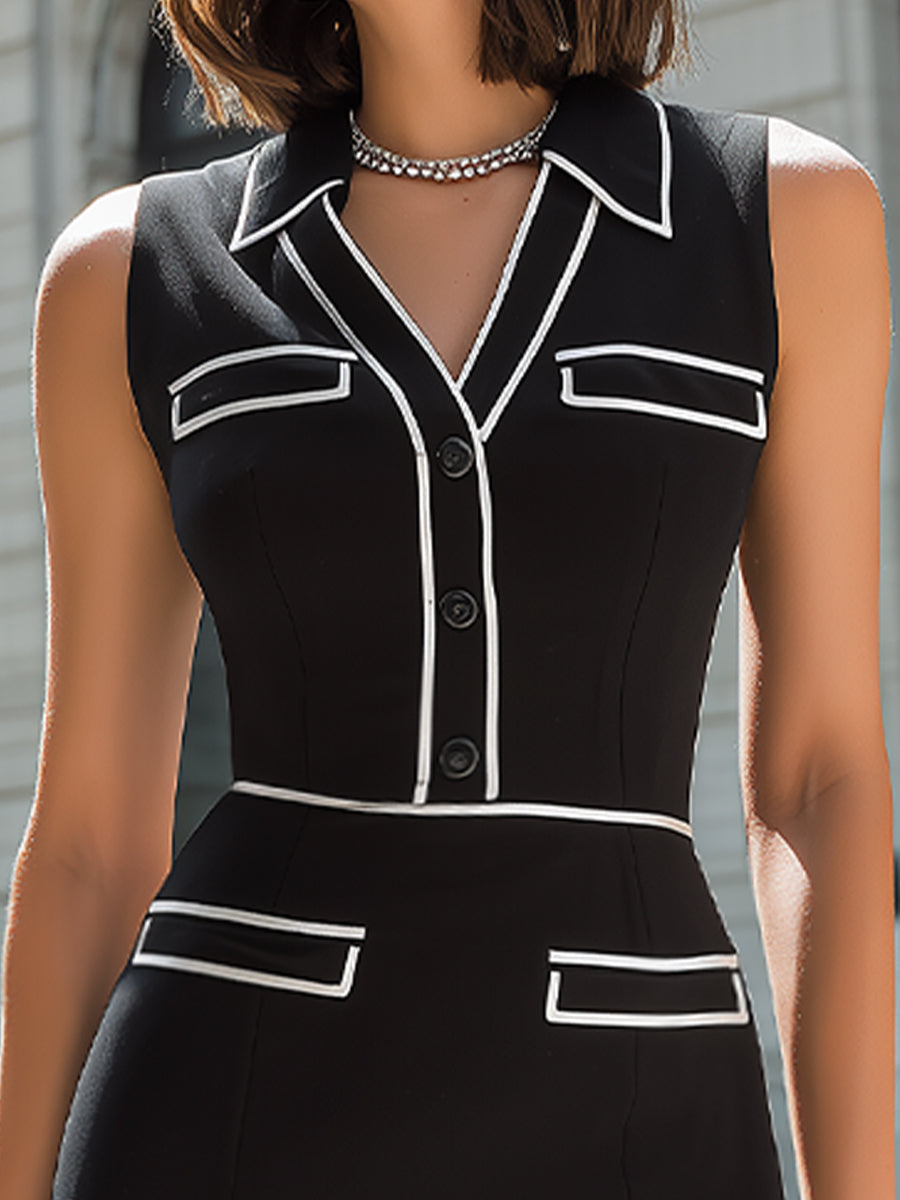 Contrast Trim Sleeveless Tailored Pencil Midi Dress