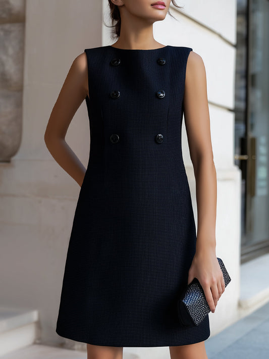 Textured Double-Breasted Sleeveless A-Line Mini Dress