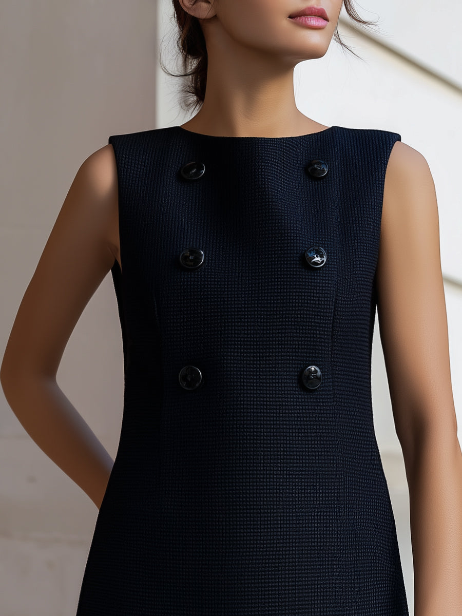 Textured Double-Breasted Sleeveless A-Line Mini Dress